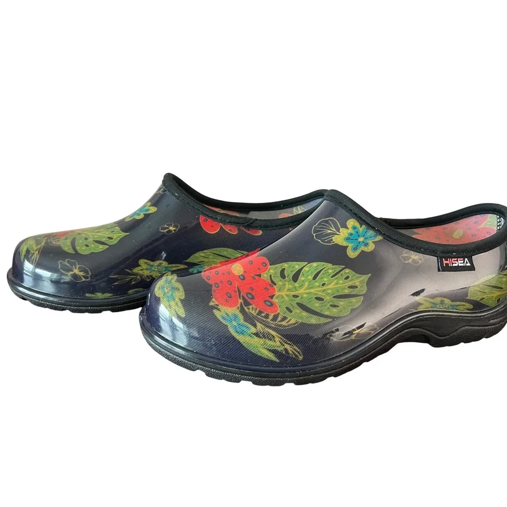 HISEA Womens Floral Garden Clogs Black Waterproof Rain Shoes Size 9